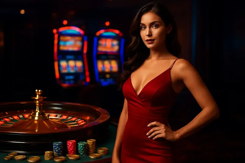 Elegant woman in red dress near roulette and slots with neon casino background and gold coins