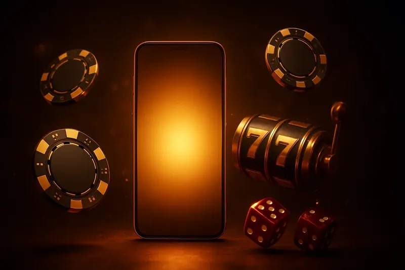 Glowing smartphone surrounded by casino chips, slot reels, and dice on a dark luxurious background